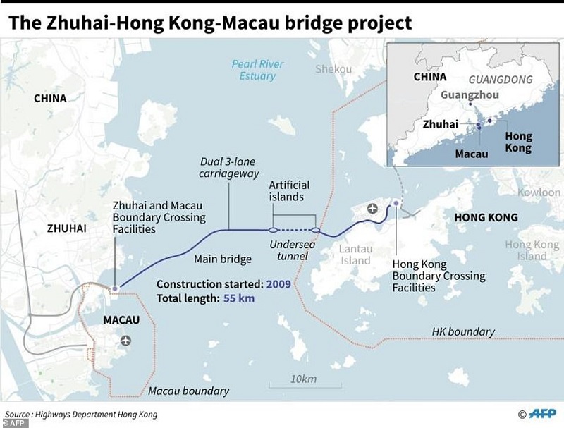 The Zhuhai-Hong Kong-Macau bridge consists of a 22.9 kilometre oversea bridge and a 6.7 kilometre undersea tunnel