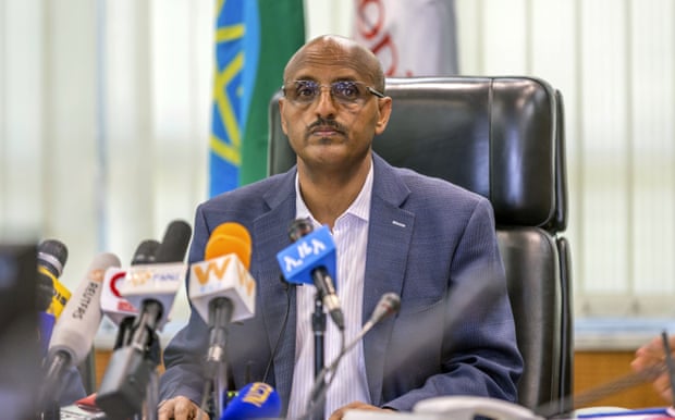 Ethiopian Airlines CEO Tewolde Gebremariam holds a press briefing at the headquarters of Ethiopian Airlines in Addis Ababa. Photograph: Mulugeta Ayene/AP