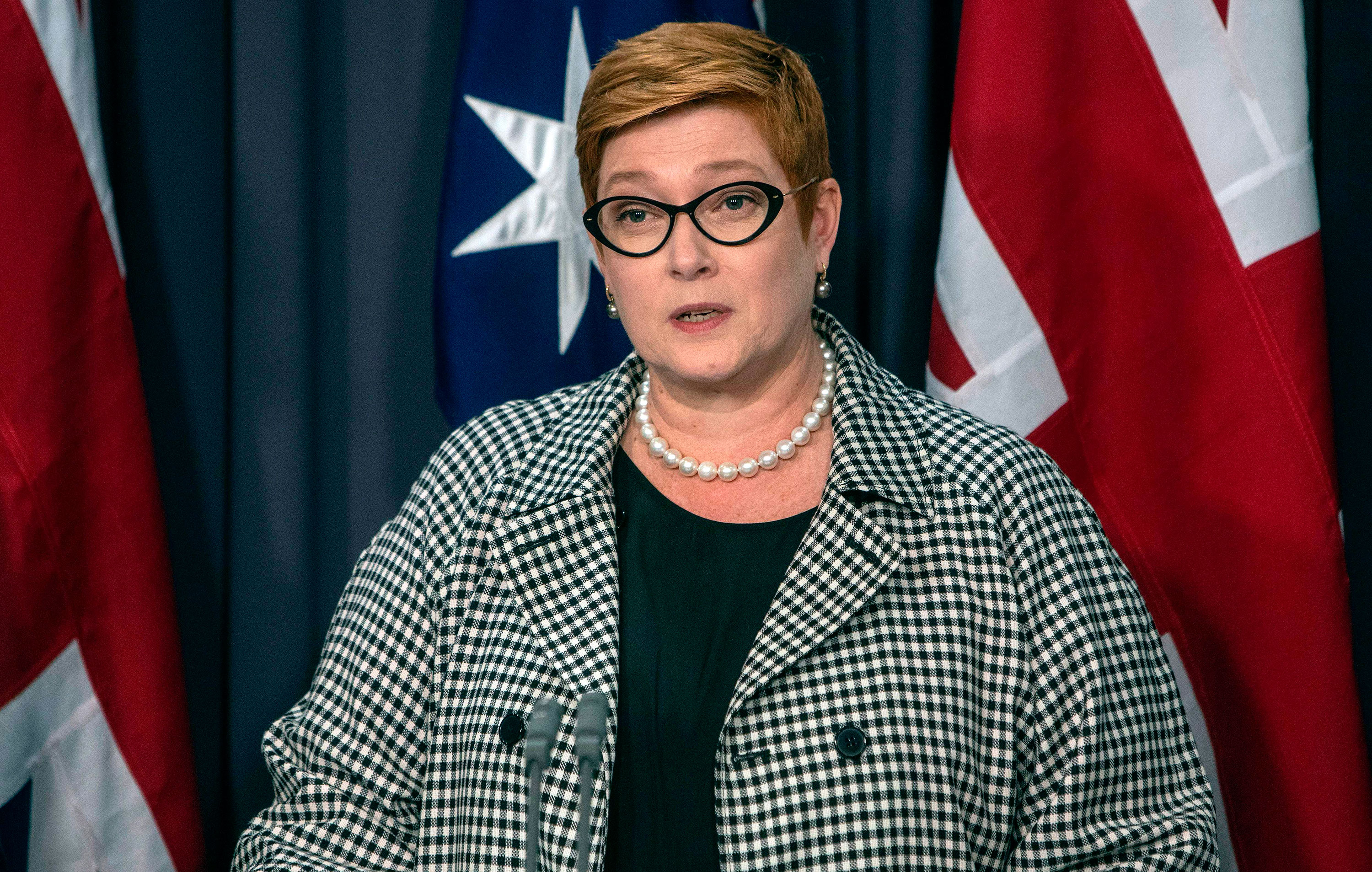 Australian Foreign Minister Marise Payne speaks at a joint press conference with Britain's Foreign Secretary Dominic Raab (not pictured) in Canberra on February 6, 2020. - Raab is on a two day official visit to hold talks on bilateral issues with Australian officials. (Photo by Andrew Taylor / AFP) (Photo by ANDREW TAYLOR/AFP via Getty Images)